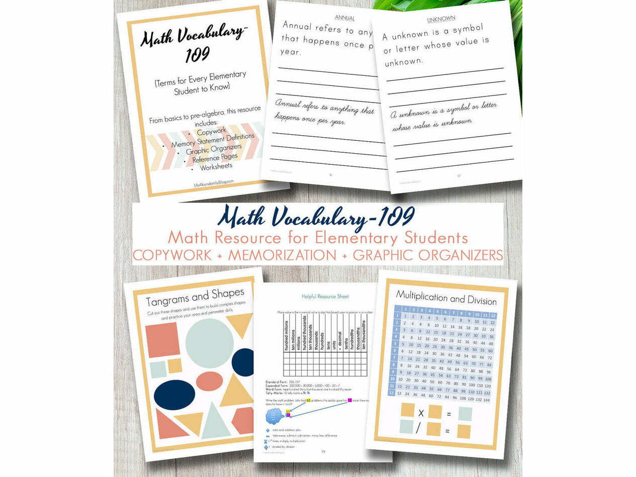 Math Vocabulary- 109 Terms for Elementary {A Copywork Math Resource} (Digital)