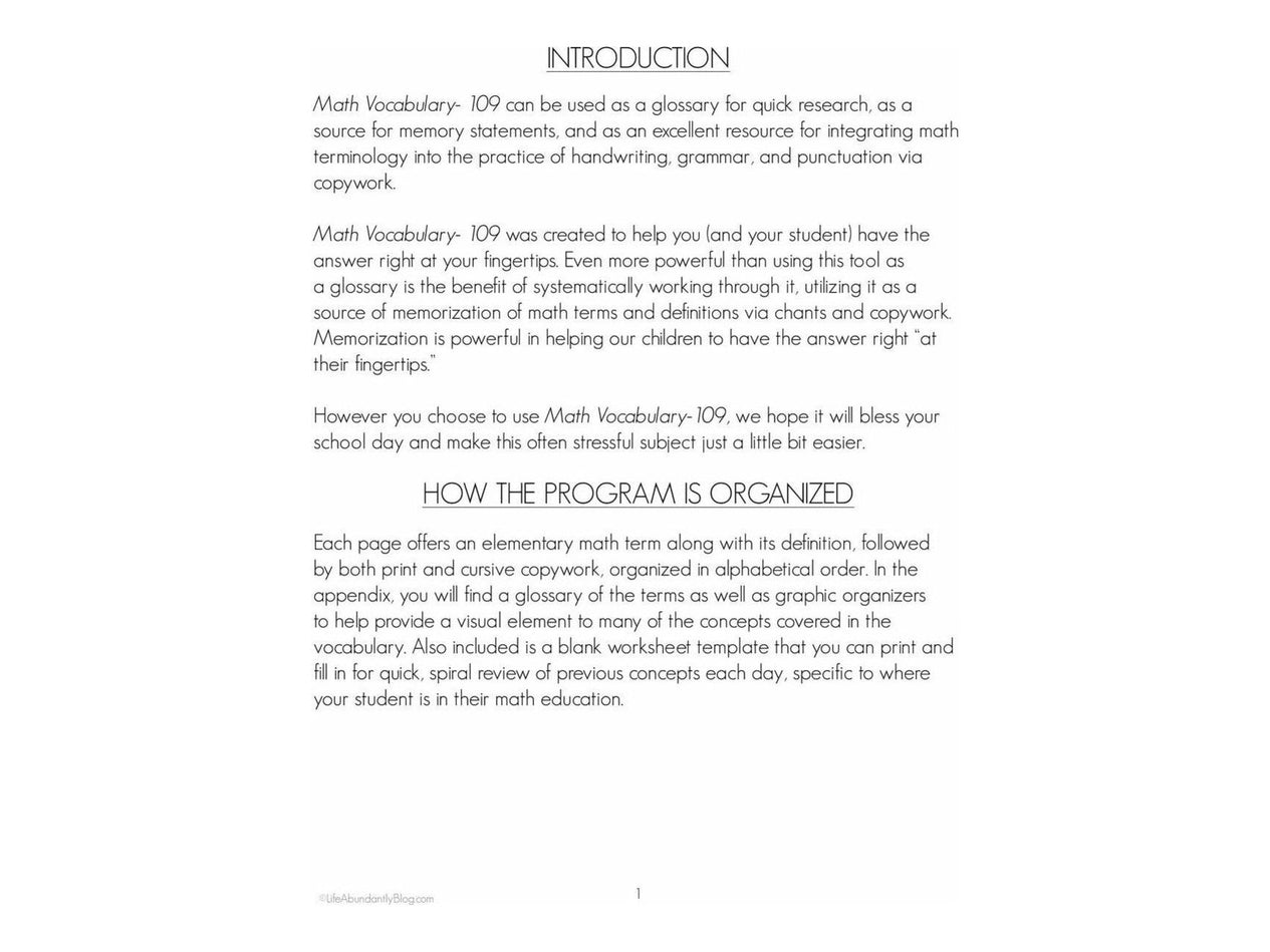 Math Vocabulary- 109 Terms for Elementary {A Copywork Math Resource} (Digital)